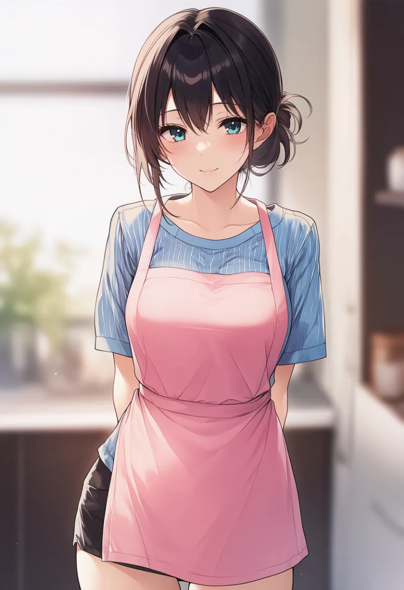 縦ストライプの青シャツ（クルーネック）＋黒ショーツ＋ピンクエプロンの主婦コーデのAIイラスト
