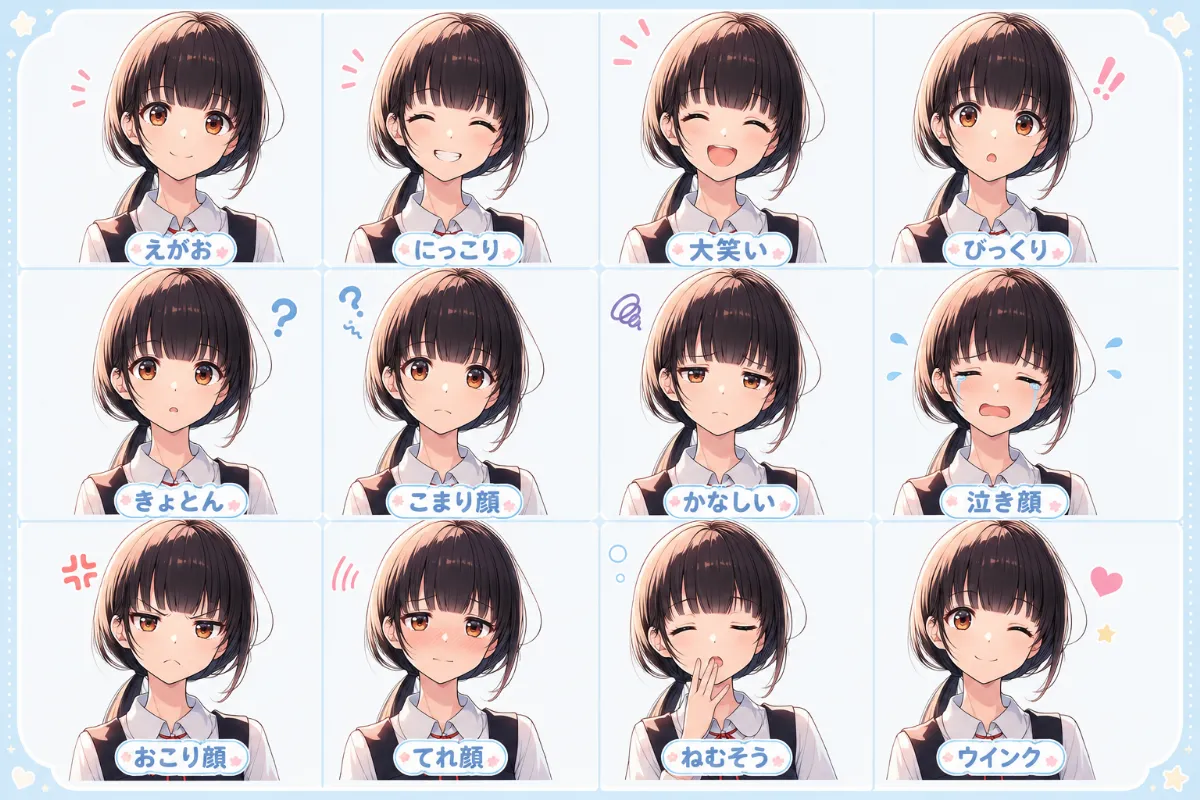 黒髪ポニーテールキャラクターの表情差分シートのAIイラスト