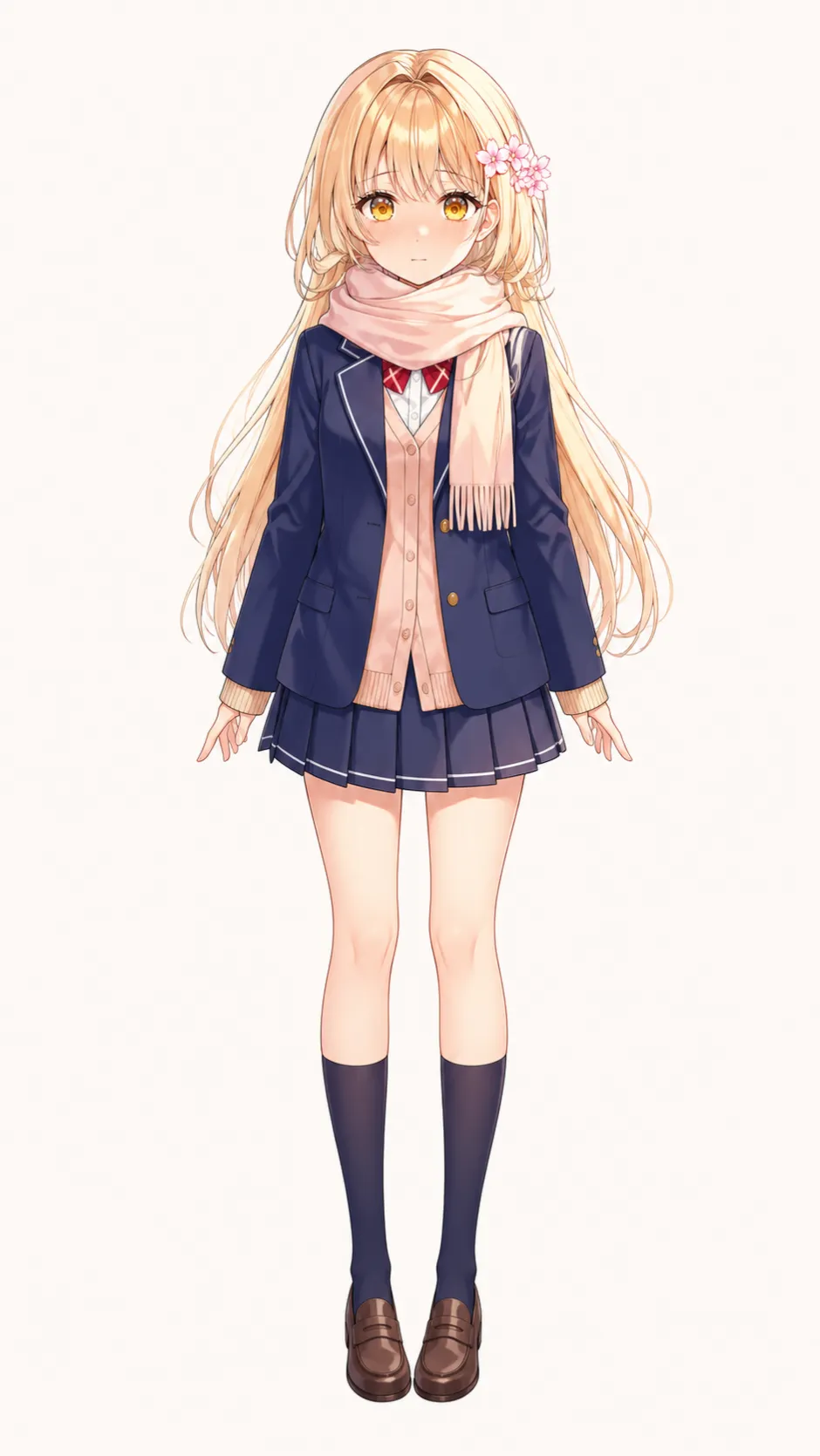 全身の立ち絵のAI画像（金髪の制服女性キャラクター）
