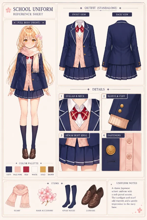 制服姿の女性キャラクターの衣装リファレンスシートのAI画像