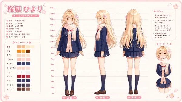 金髪美少女キャラクターの三面図のAIイラスト