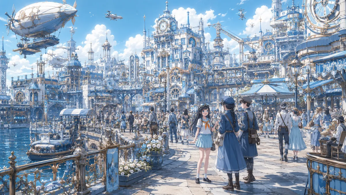 青色カラーテーマのスチームパンク風の世界観のコンセプトアートのAIイラスト作例