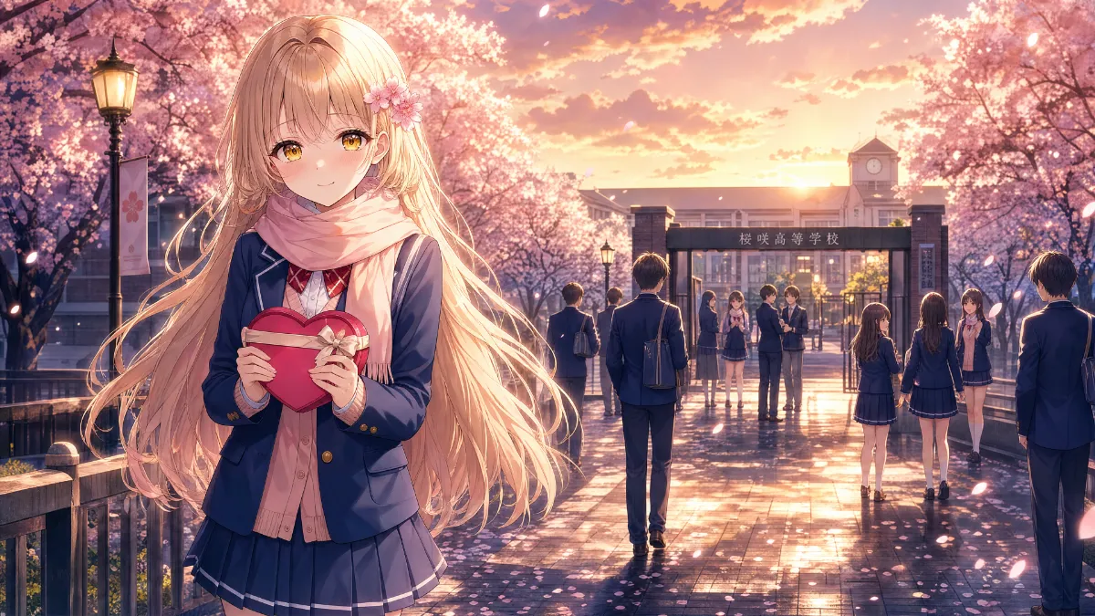 GPT Image 2.0生成のコンセプトアート（制服美少女がバレンタインチョコを持っているシーン）