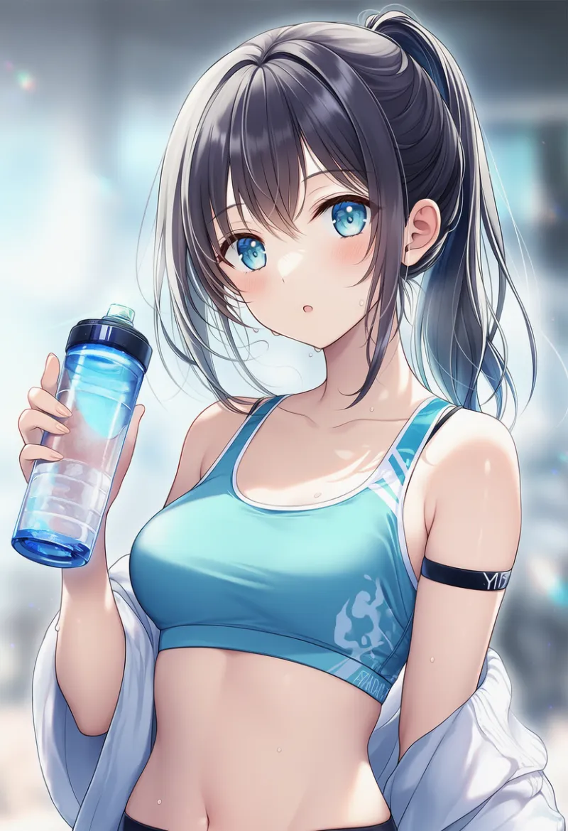 水筒を持つ美女のAIイラスト（ヨガ休憩中）