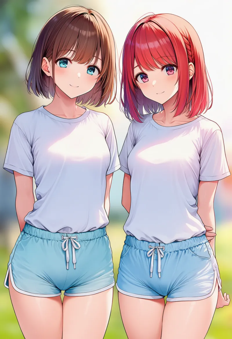 お揃いのTシャツとドルフィンショーツのAIイラスト