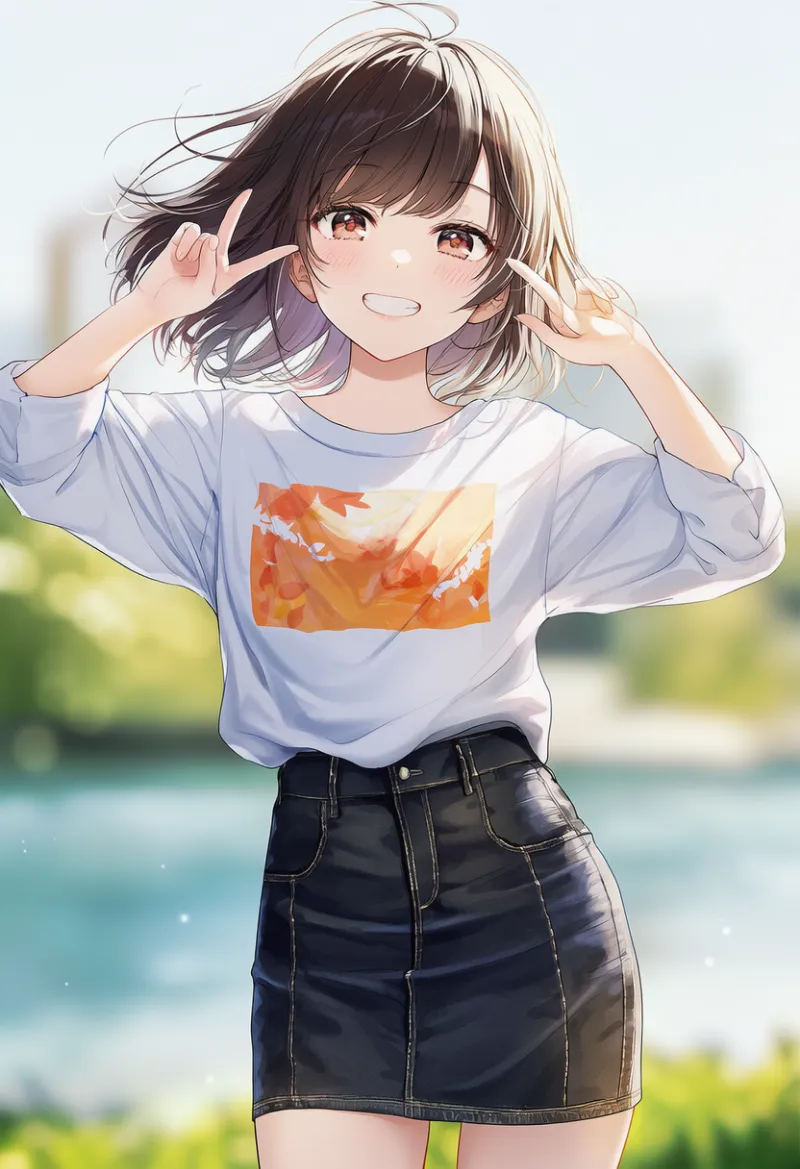 白いTシャツのオレンジを差し色に使った服装のAIイラスト｜夏服用プロンプト紹介用
