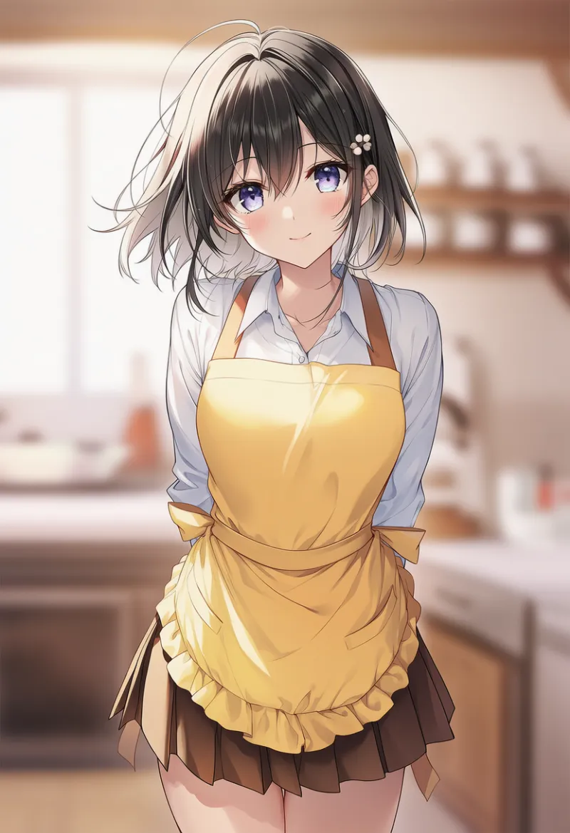 白シャツ＋茶色のプリーツミニスカート＋黄色エプロンの主婦コーデのAIイラスト