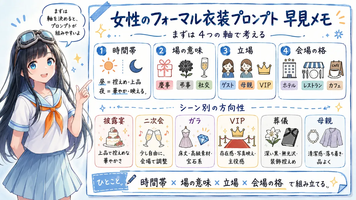 女性のフォーマル衣装プロンプトを組み立てるコツの早見表（時間帯・場の意味・立場・会場の格にわけて解説）
