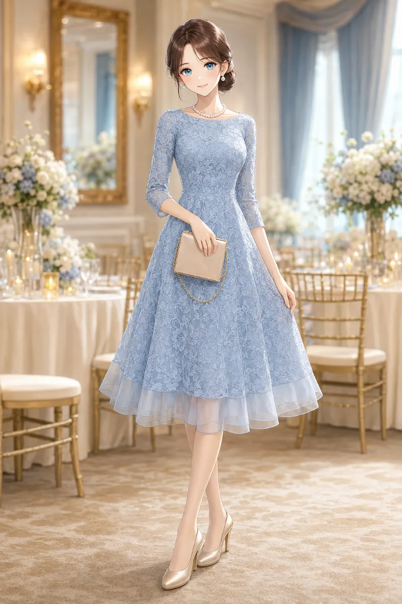 AIイラスト版｜ペールブルーの総レースミモレ丈Aラインドレスにパールを合わせた結婚式ゲスト向けフォーマルコーデ
