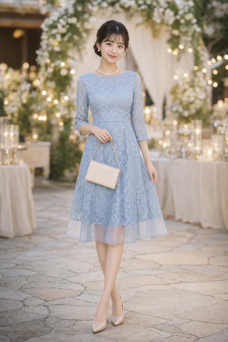 実写AI美女版｜ペールブルーの総レースミモレ丈Aラインドレスにパールを合わせた結婚式ゲスト向けフォーマルコーデ