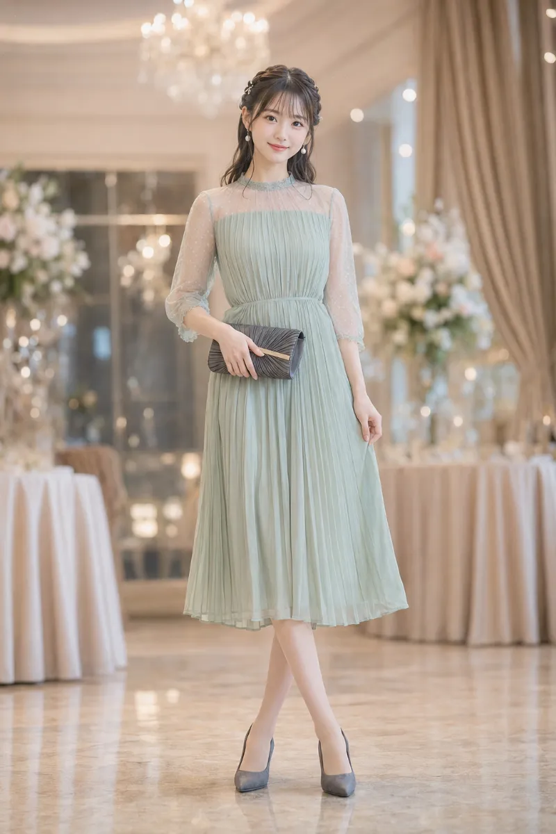 実写AI美女版｜ミントグリーンのプリーツドレスにグレーパールを合わせた上品な結婚式ゲスト向けフォーマルコーデ
