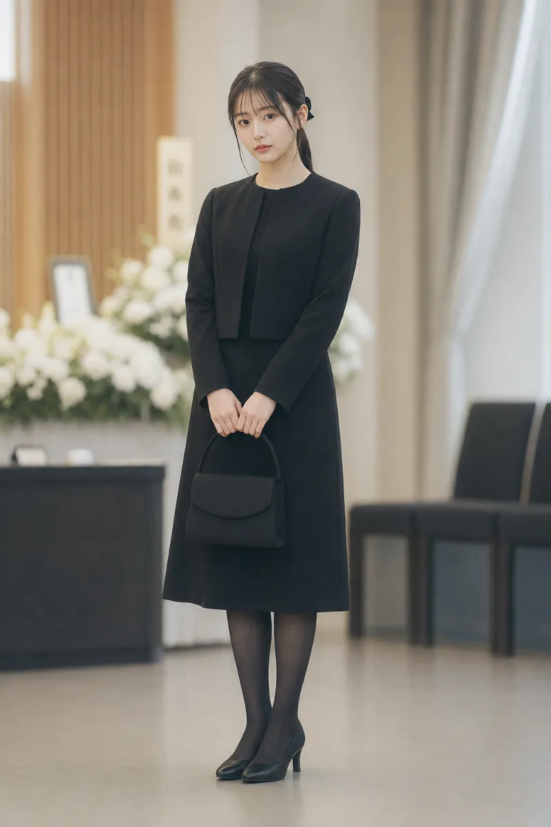 実写版のAI女性｜深い黒のノーカラージャケットと前開きワンピースを合わせた正統派ブラックフォーマルコーデ