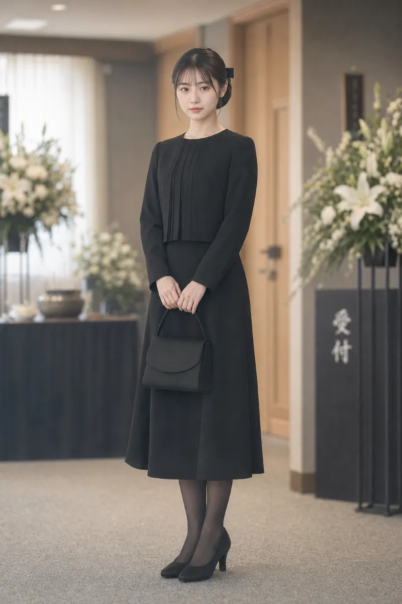 実写版のAI女性｜黒のフロントプリーツロングワンピースに布製小物を合わせたミニマルなブラックフォーマルコーデ