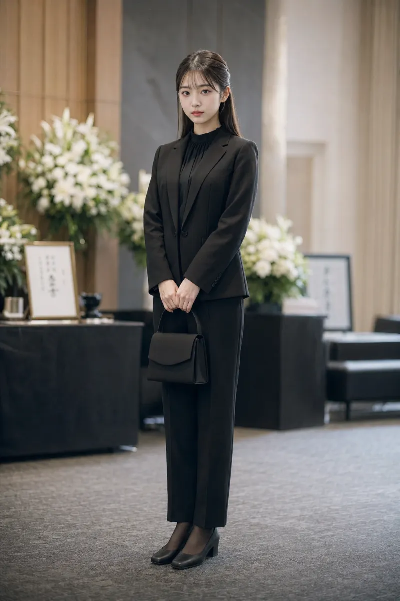 実写版のAI女性｜黒のテーラードジャケットとストレートパンツを合わせた女性向けブラックフォーマルパンツスーツコーデ