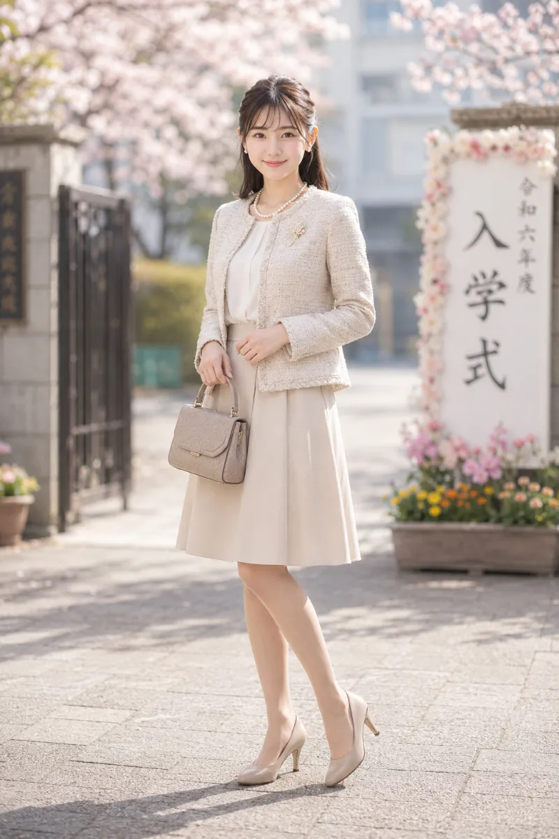 実写AI美女版｜ライトベージュのツイードジャケットとAラインスカートを合わせた母親向けセレモニーフォーマルコーデ