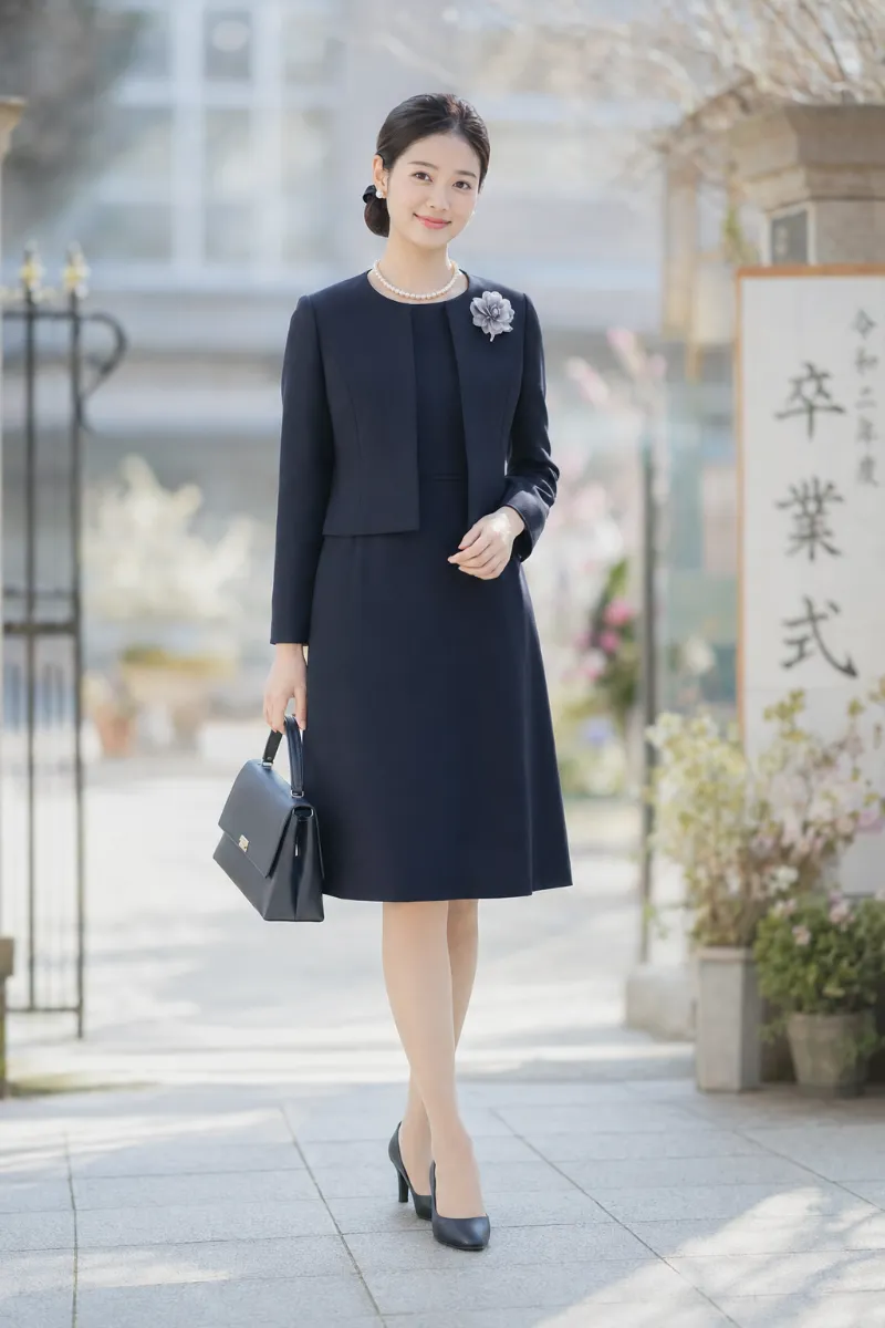 実写AI美女版｜濃紺のノーカラージャケットとワンピースを合わせた母親向けの上品なセレモニーフォーマルコーデ