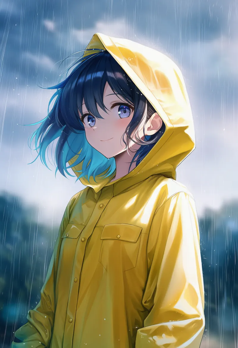 黄色のレインコートを着た美少女のAIイラスト