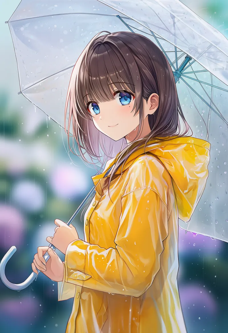 黄色いレインコート（フード下ろし）のAIイラスト（梅雨シーズン）｜プロンプト紹介用