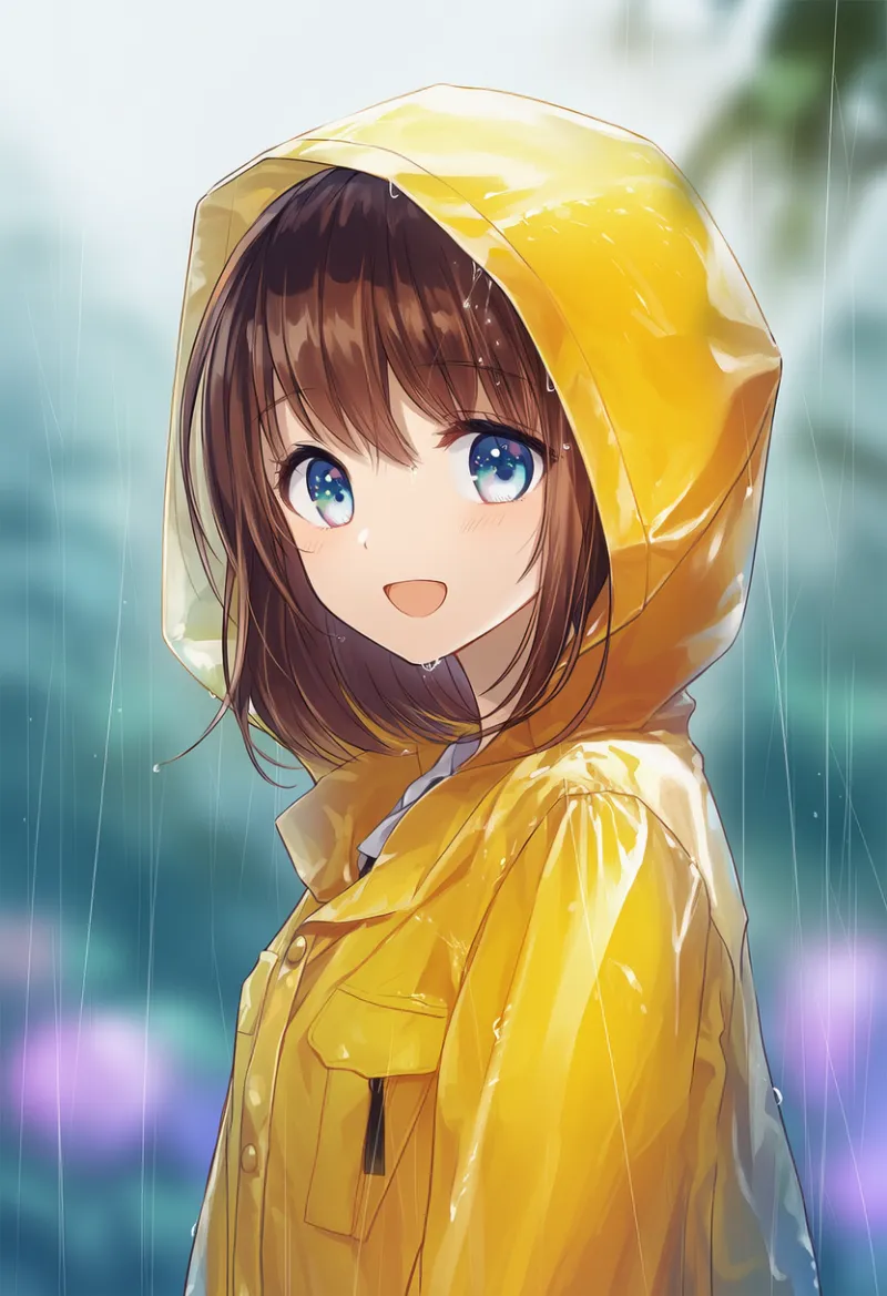 黄色いレインコート（フード上げ）のAIイラスト（梅雨シーズン）｜プロンプト紹介用