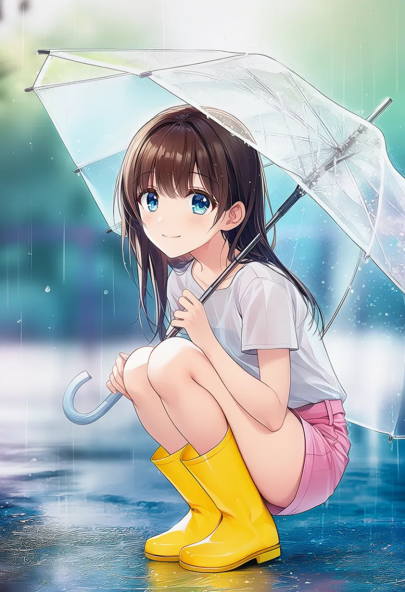 黄色のゴム長靴のAIイラスト（梅雨シーズン）｜プロンプト紹介用