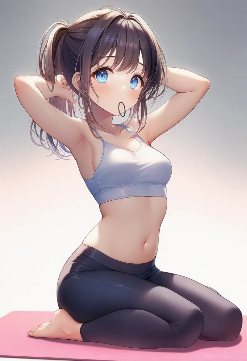 ヨガウェアを着た美女のAIイラスト作例（ヨガマットに座るポーズ）