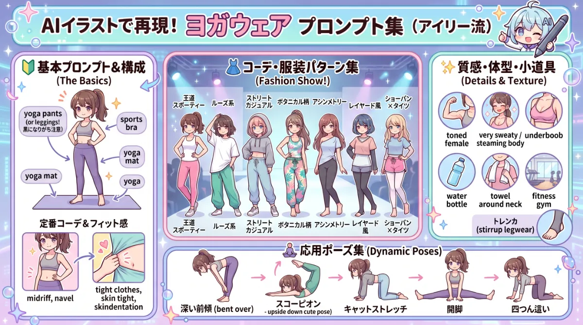 ヨガウェア（服装）のプロンプト集【AIイラスト】のまとめ用の図解イラスト（グラレコ）