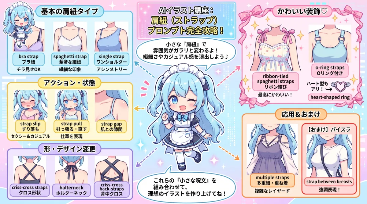 肩紐（種類・ずらす・外れる等）のプロンプト集【NovelAI】のまとめ用の図解イラスト