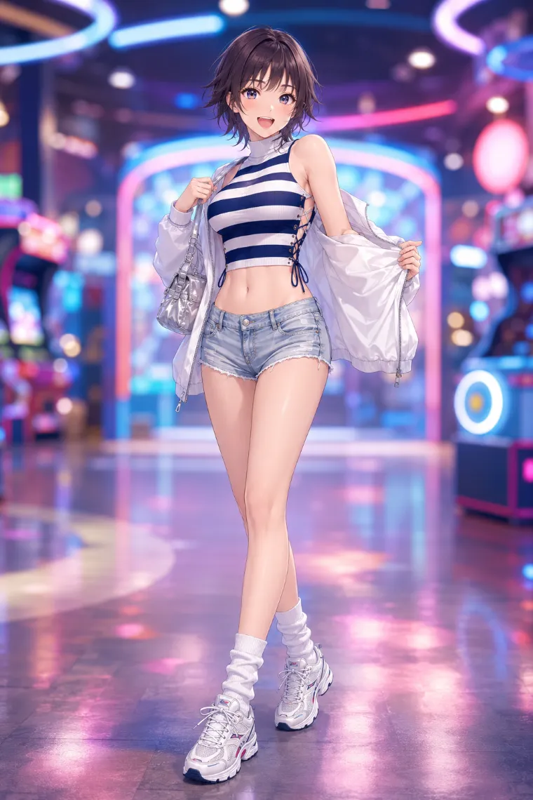 AIイラスト版｜ネイビー×白ボーダーのアメリカンスリーブにデニムショート、白トラックジャケットを合わせたコーデ