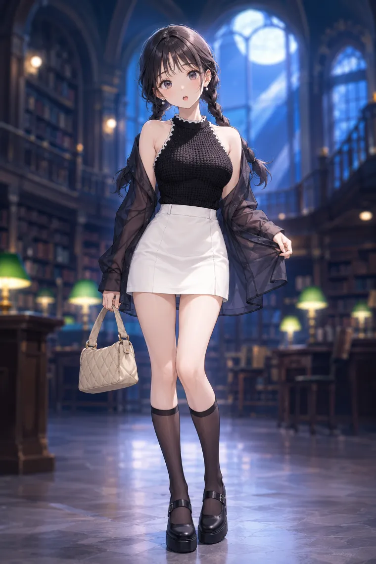 AIイラスト版｜黒のクロシェアメリカンスリーブに白のAラインミニ、黒のシアーシャツを重ねたコーデ