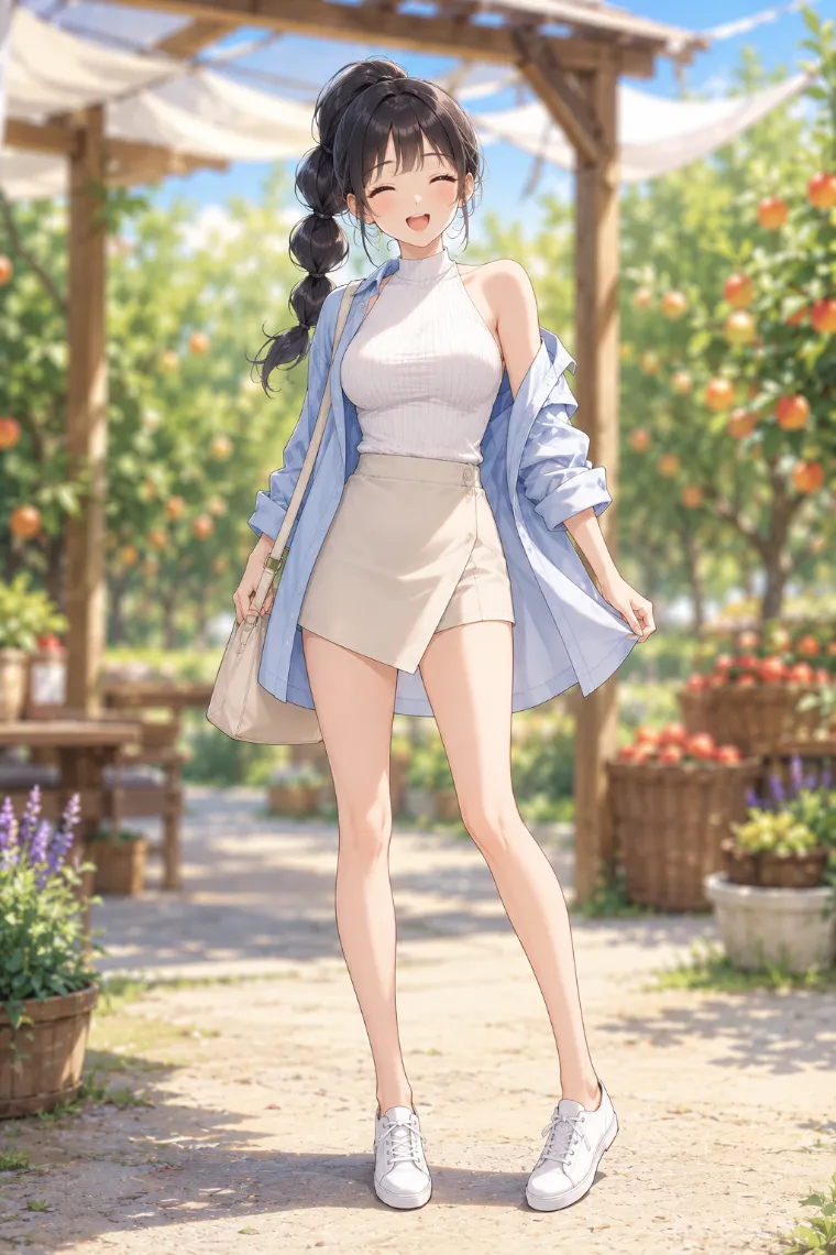 AIイラスト版｜白のアメリカンスリーブにライトベージュのショートパンツ、スカイブルーのシャツを羽織ったコーデ