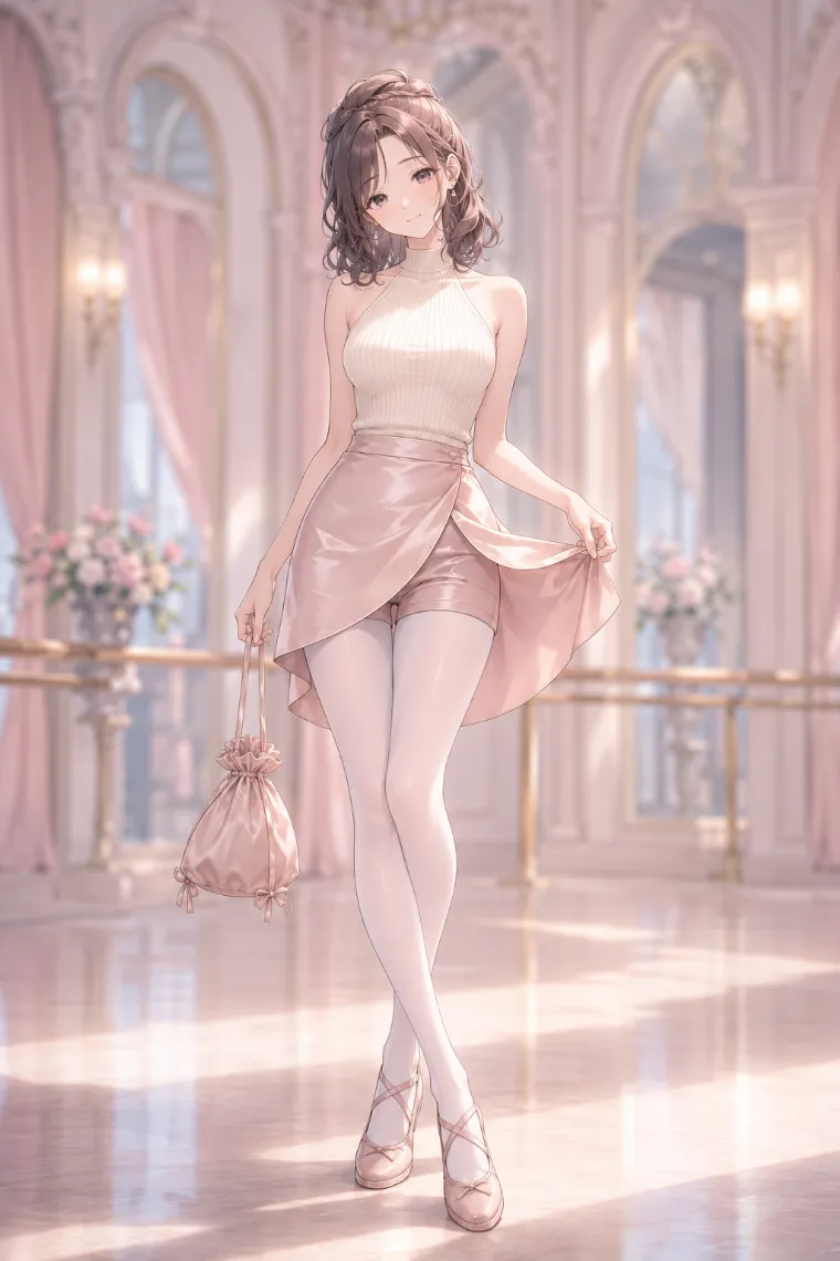 AIイラスト版｜アイボリーのアメリカンスリーブにピンクベージュのペタルラップミニを合わせたコーデ