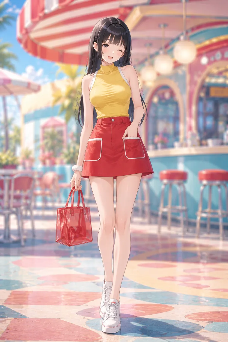 AIイラスト版｜イエローのアメリカンスリーブに赤のトラピーズミニを合わせたレトロ配色のコーデ