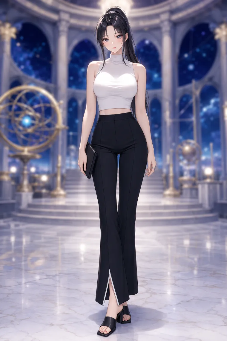 AIイラスト版｜白のアメリカンスリーブに黒のスリムブーツカットパンツを合わせたモノトーンコーデ