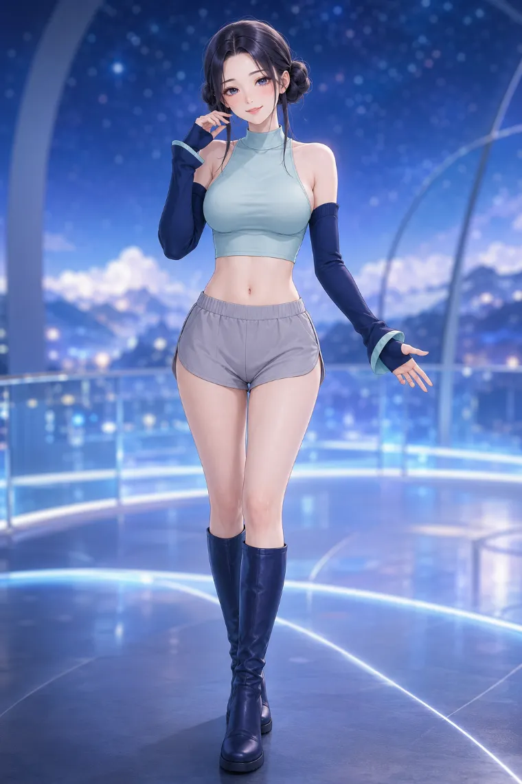 AIイラスト版｜ペールアクアのアメリカンスリーブにミストグレーのショートパンツ、アームスリーブを合わせたコーデ