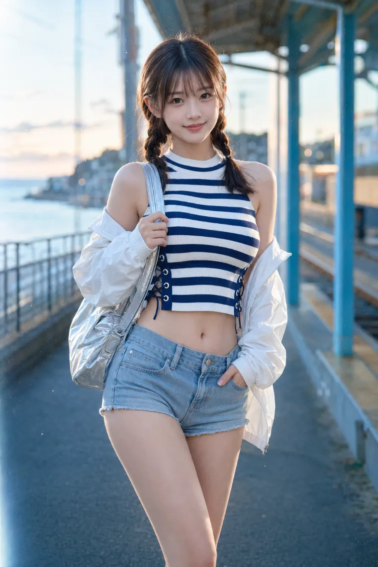 実写AI美女版｜ネイビー×白ボーダーのアメリカンスリーブにデニムショート、白トラックジャケットを合わせたコーデ