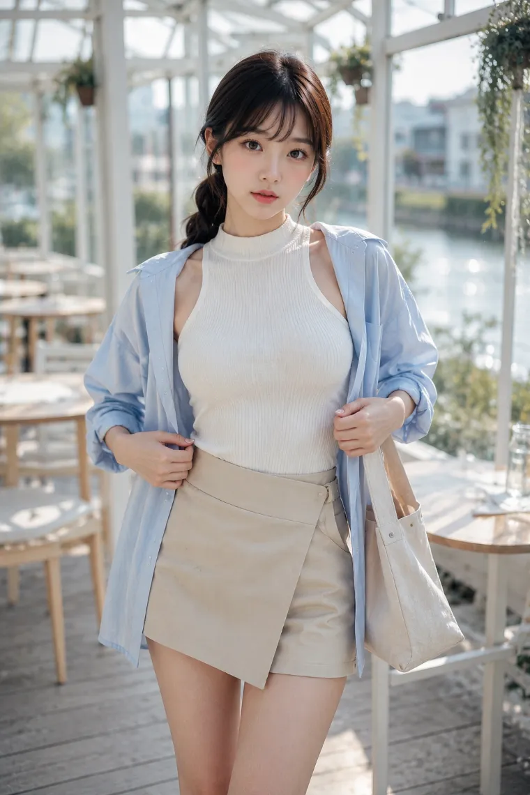 実写AI美女版｜白のアメリカンスリーブにライトベージュのショートパンツ、スカイブルーのシャツを羽織ったコーデ