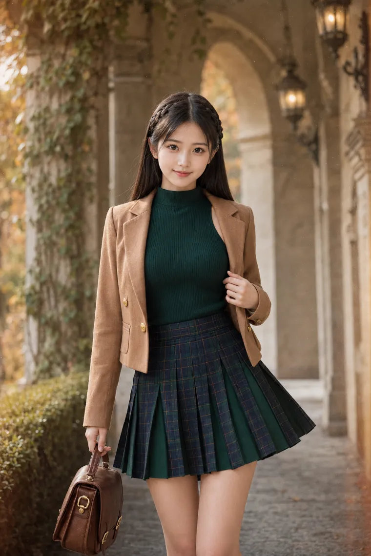 実写AI美女版｜ボトルグリーンのアメリカンスリーブにチェックプリーツミニ、キャメルのブレザーを合わせたコーデ