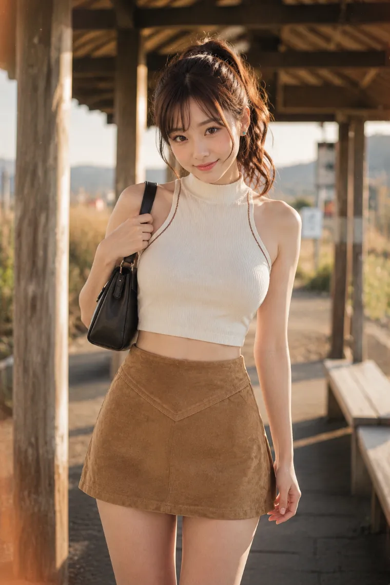 実写AI美女版｜オフホワイトのアメリカンスリーブにキャメルのAラインミニ、ウエスタンブーツを合わせたコーデ