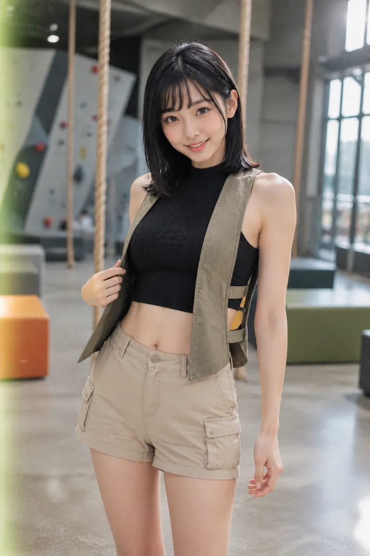 実写AI美女版｜黒のアメリカンスリーブにサンドベージュのカーゴショート、カーキのベストを合わせたコーデ