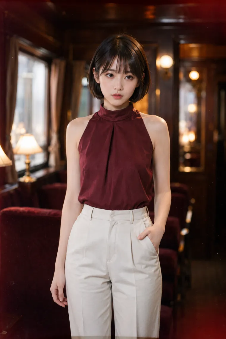 実写AI美女版｜バーガンディのアメリカンスリーブにオフホワイトのストレートパンツを合わせたコーデ