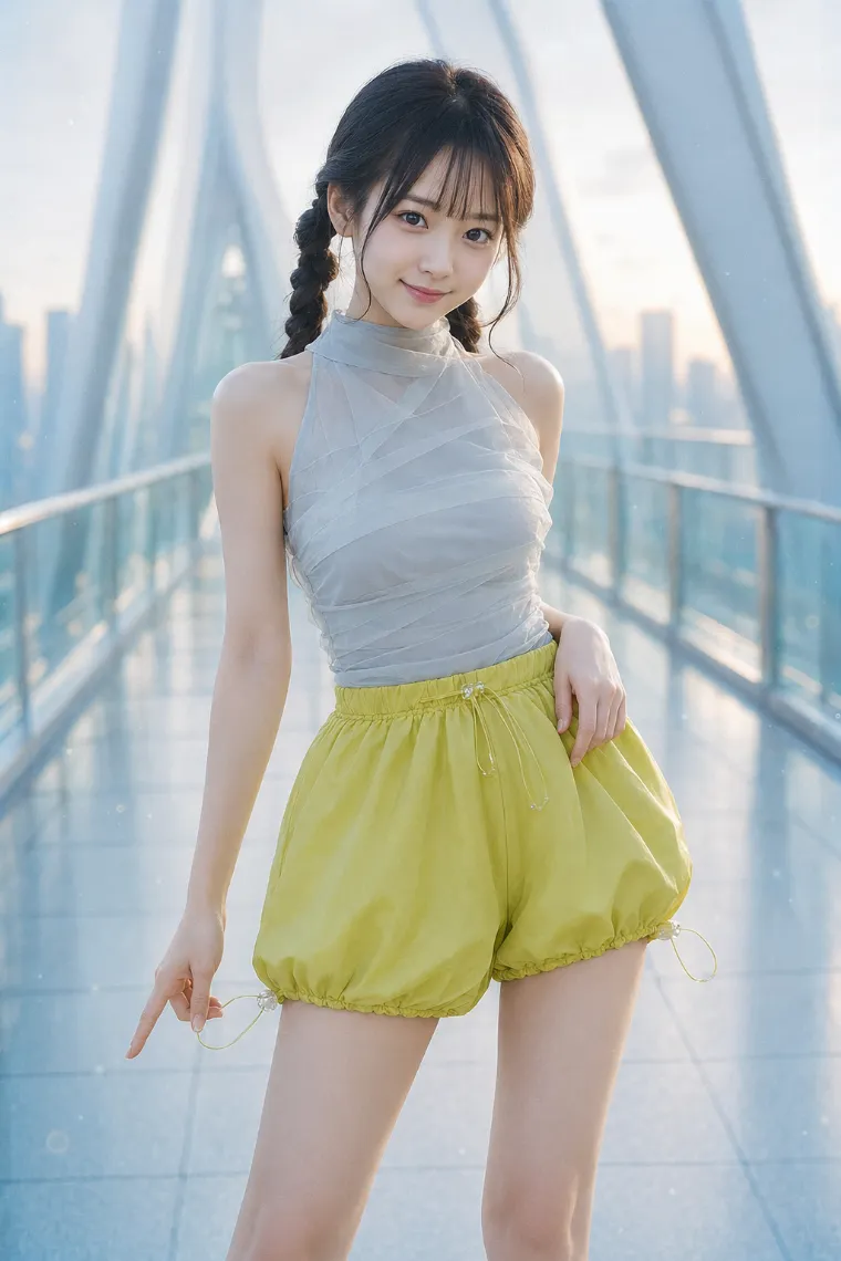 実写AI美女版｜シルバーグレーのアメリカンスリーブにライムイエローのバルーンショートを合わせたコーデ