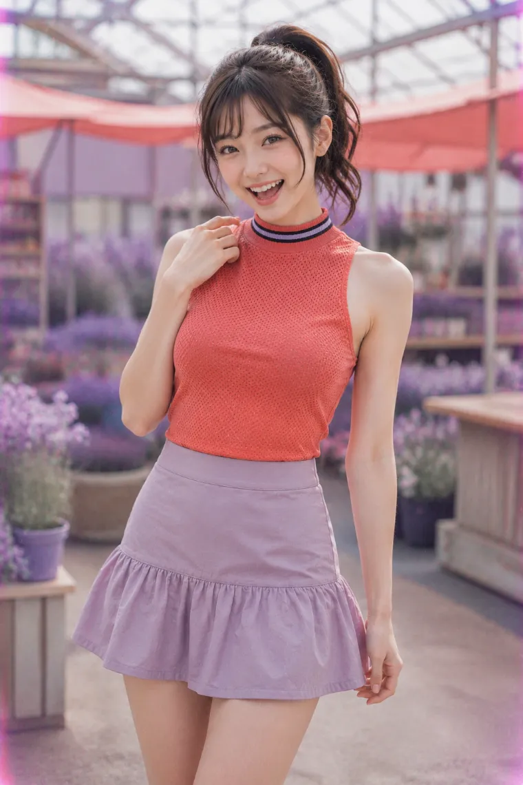 実写AI美女版｜コーラルのアメリカンスリーブにスモーキーラベンダーの二段ミニを合わせたコーデ
