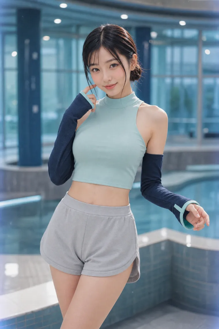 実写AI美女版｜ペールアクアのアメリカンスリーブにミストグレーのショートパンツ、アームスリーブを合わせたコーデ