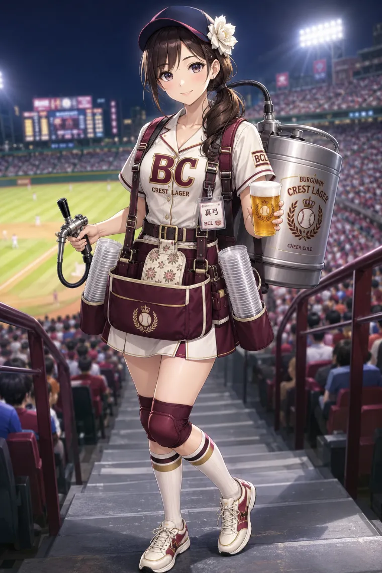 AIイラスト版｜アイボリーとバーガンディの野球ユニフォームに花飾り付きキャップを合わせたビールの売り子