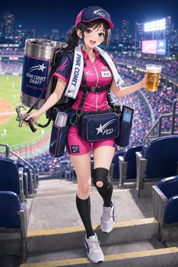 AIイラスト版｜ネオンピンクとネイビーのスタッフシャツにショートパンツを合わせたビールの売り子