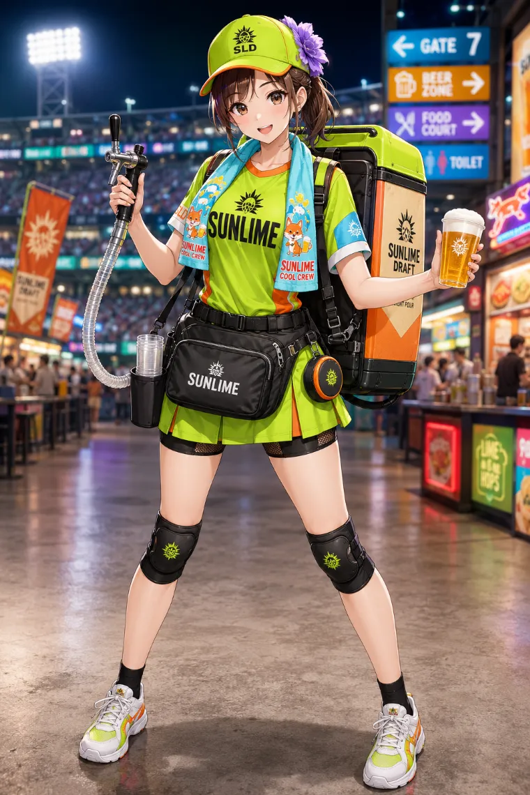 AIイラスト版｜ネオンライムとオレンジの半袖ユニフォームにプリーツスコートを合わせたビールの売り子