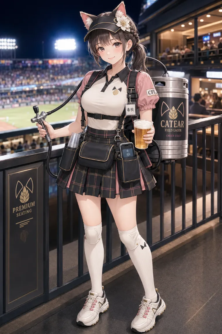 AIイラスト版｜アイボリーのポロシャツとチャコールのタータン柄プリーツスコートを着たビールの売り子