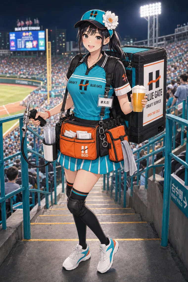AIイラスト版｜ターコイズとブラックのポロシャツに八本プリーツスコートを合わせたビールの売り子
