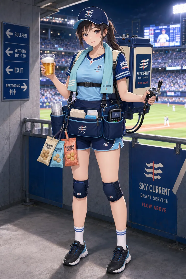 AIイラスト版｜スカイブルーとコバルトブルーのスポーツシャツにショートパンツを合わせたビールの売り子
