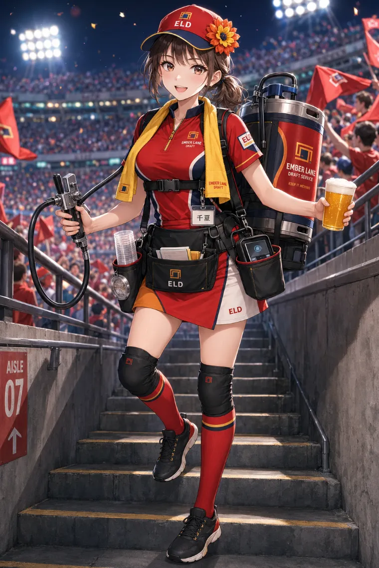 AIイラスト版｜シグナルレッドのスポーツトップスと三色ラップスコートを着たビールの売り子